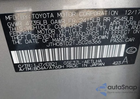 2018 Lexus Is 300 из США, поврежденный, VIN JTHC81D21J5028366